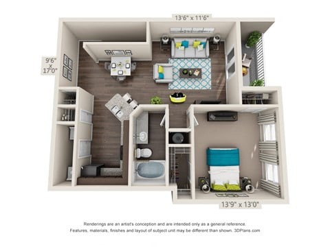 Floor plan for 1 bed, 1 bath, 871 sqft